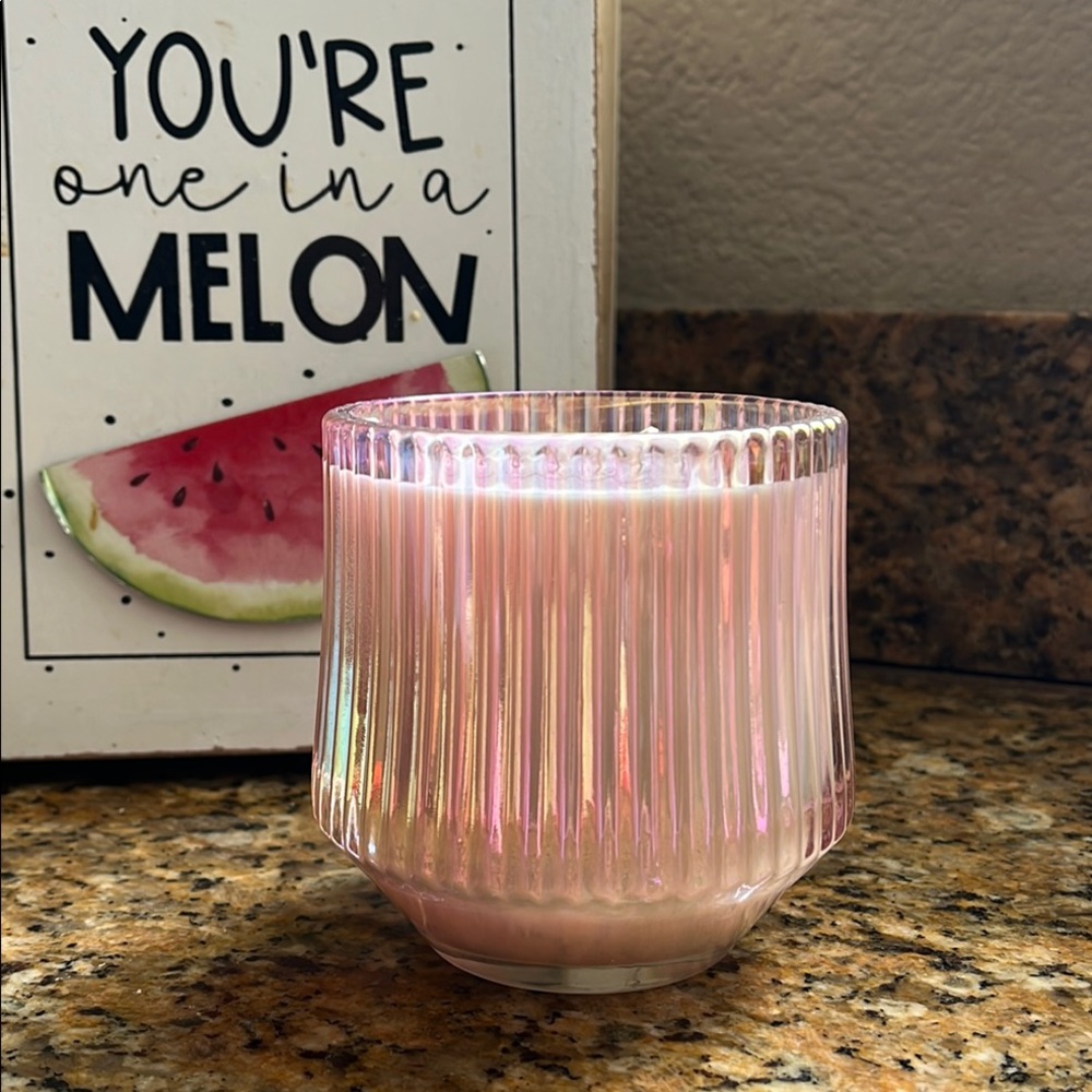10 oz Iridescent Pink Ribbed Retro-Style Glass Scented Soy Wick Candle